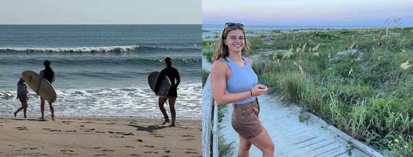 Mary poses on the beach at dusk.
