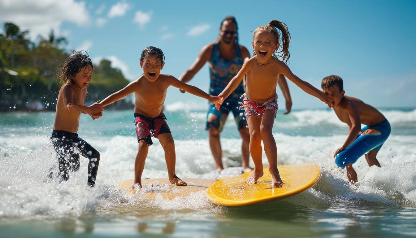 Children learning to surf with adults holding them up